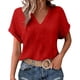 thumbnail image 1 of Camisetas Casuales de las Mujeres de Moda Suelta Manga Corta V-Cuello Superior con Doble Capa Arrugado Detalle, Suave Poliéster Color Sólido Blusa para el Uso Diario, Camisetas de Cuello en V de las, 1 of 9