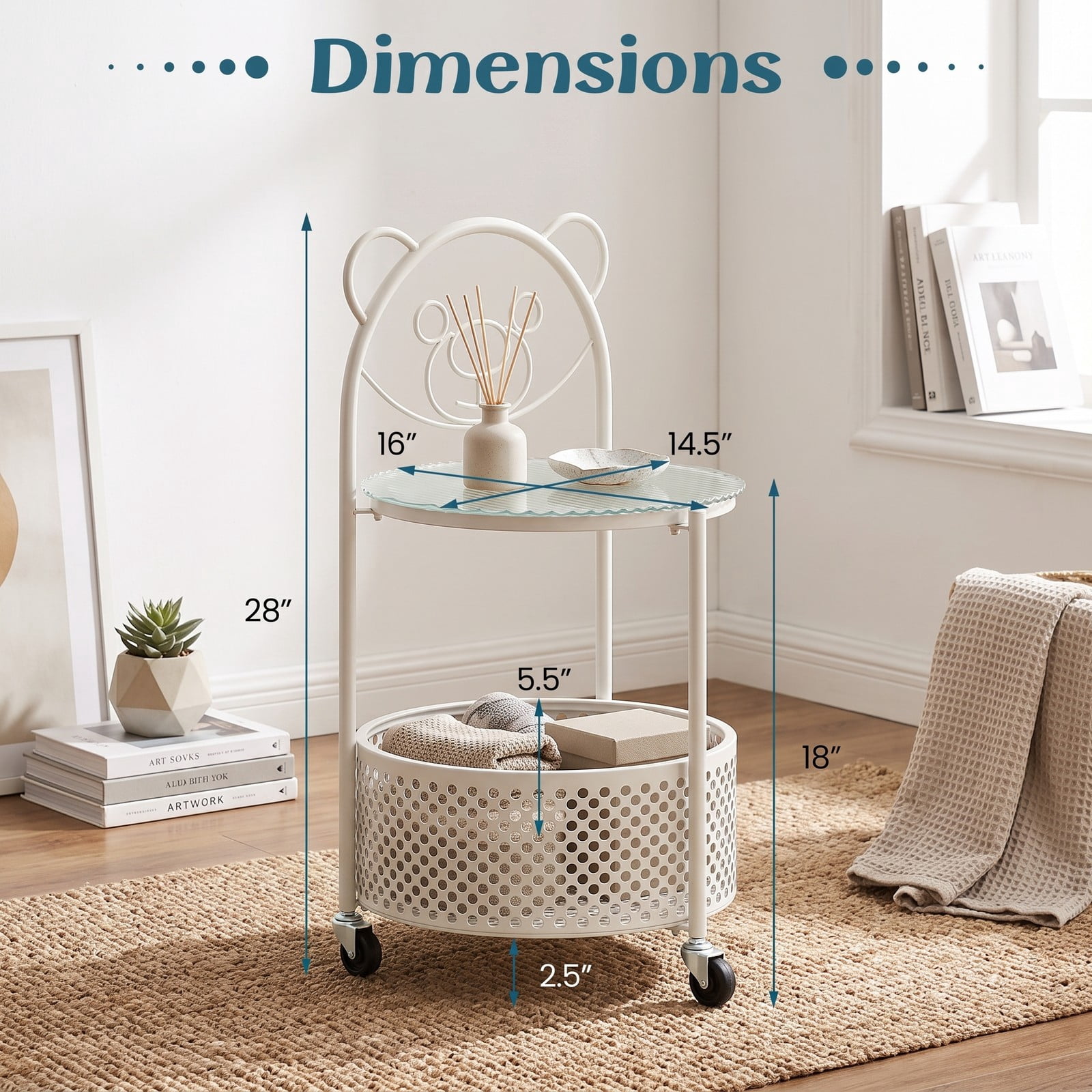 Furnibear Modern Sofa Side Table with Lockable Wheels, Round Tempered Glass End Table with Metal Storage Basket for Living Room Bedroom Study, Rolling C-Shaped, White