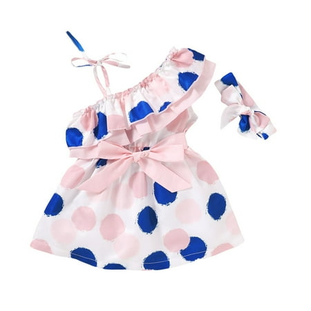 

Cathery Toddler Girls Summer 2pcs Set Polka Dot Dress Ruffled Camisole Hair Band