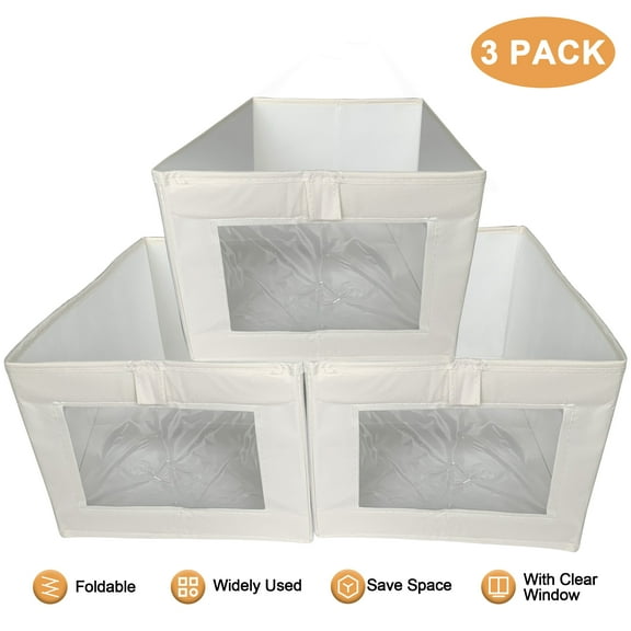 3 Pack Foldable Closet Storage Bins with Clear Window  Wardrobe Storage Organiser White