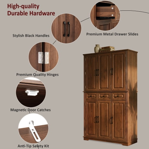 72" Tall Farmhouse Kitchen Pantry Cabinet with 3 Pull-Out Trays & 6 Door Racks, Walnut Brown