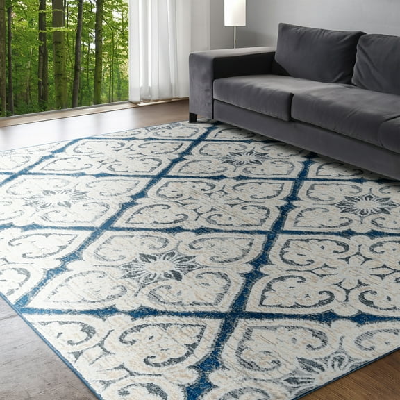 Madison Traditional 5' x 7' Dark Blue Polypropylene Indoor Area Rug