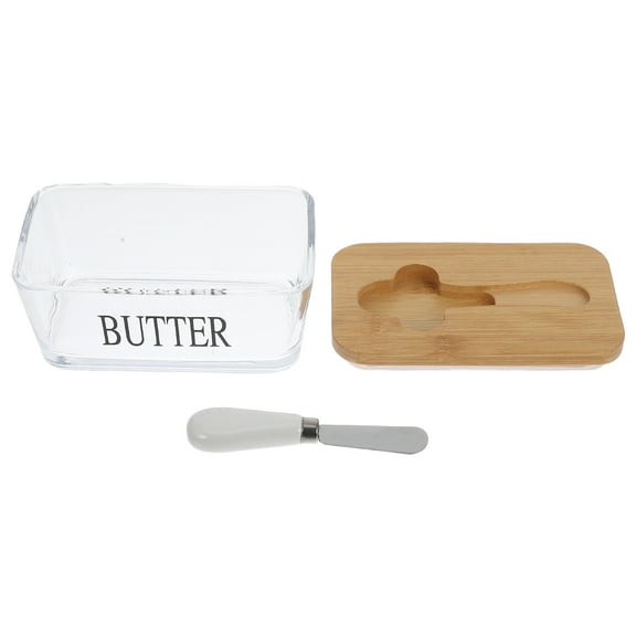 Hemoton 1 Set Airtight Glass Butter Dish with Lid Knife Storage Holder Counter Refrigerator Butter Keeper Bamboo Lid Butter Box Fridge Butter Dish for Kitchen Use