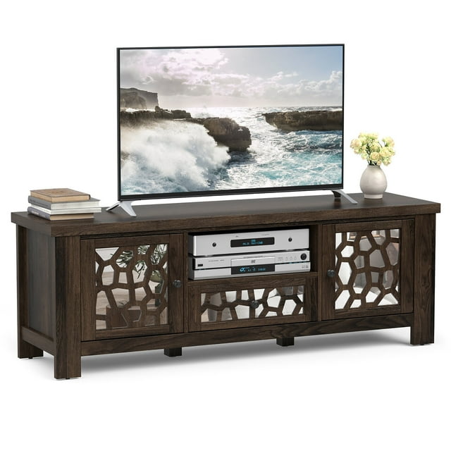 Gymax 55'' Retro TV Stand Media Entertainment Center w/ Mirror Doors & Drawer Brown