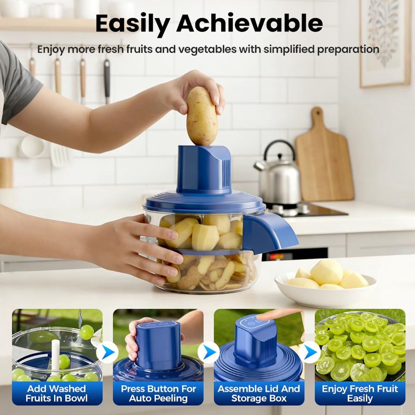 2 in 1 Automatic Peeling Machine, Durable Electric Potato Peeler, Grape & Garlic Peeler Machine Rechargeable Wireless Fruit & Veggie Peeler for Home Kitchen, 1Pc, Easy to Clean(Blue,11.5x11.5x11")