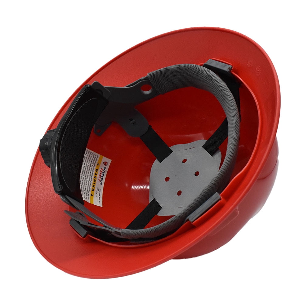 Interstate Safety 40410 Snap Lock 4 Point Ratchet Suspension Full Brim Hard Hat / Safety Helmet - 6-1/2 Inch to 8 Inch Heads - Red Color