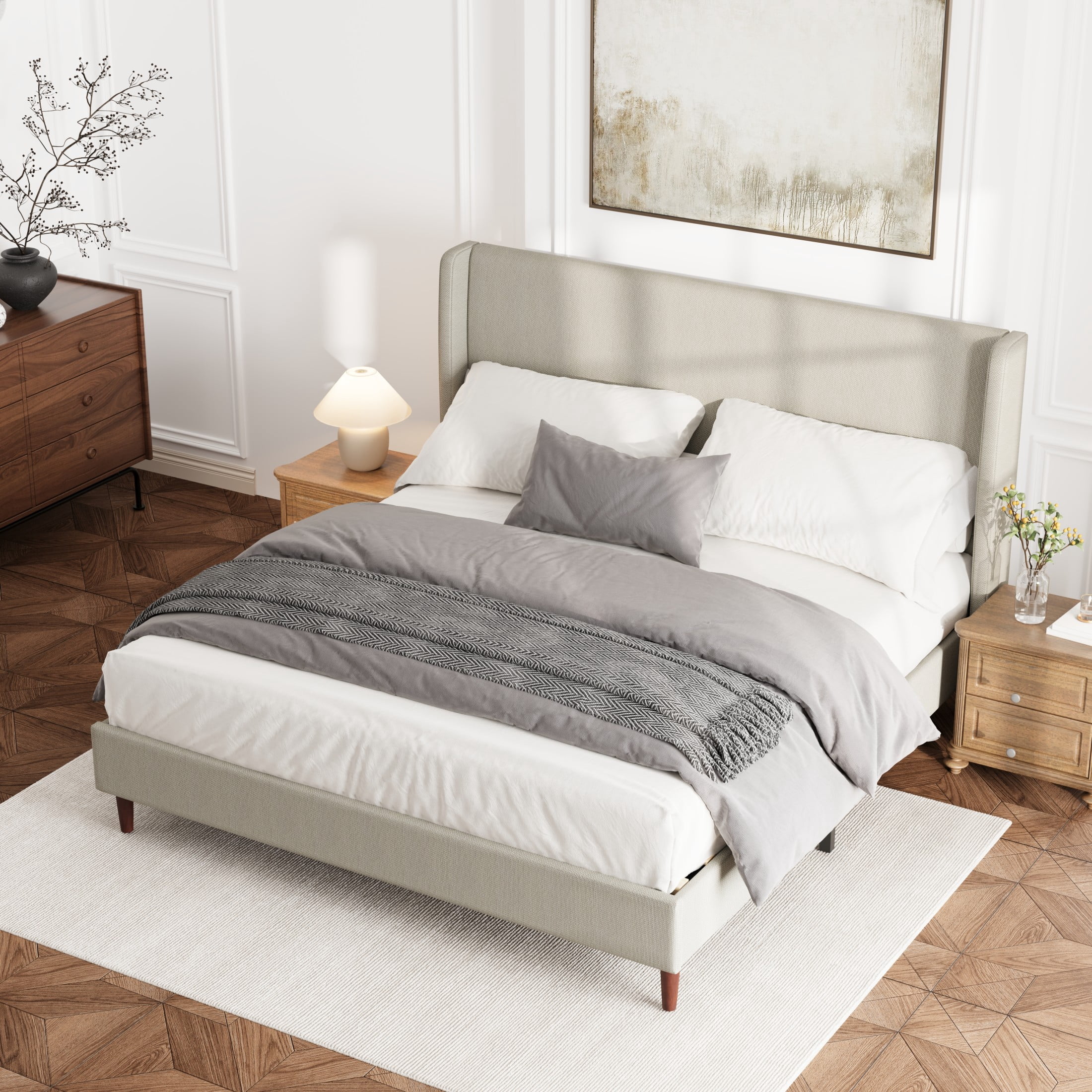 GDF Studio King Size Linen Upholstered Bed with High Headboard & Wood Slat Support, Beige