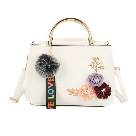 

Women Flower Decorated Fuzzy Ball Pendant Handbag Shoulder Bag Crossbody Bag White