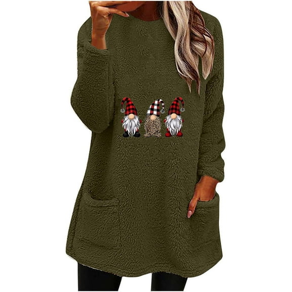 asdoklhq Christmas Long Sweaters for Women Christmas Round- Neck and Winter Loose Solid Pocket Warm Long Sleeve Blouse Army Green 3X