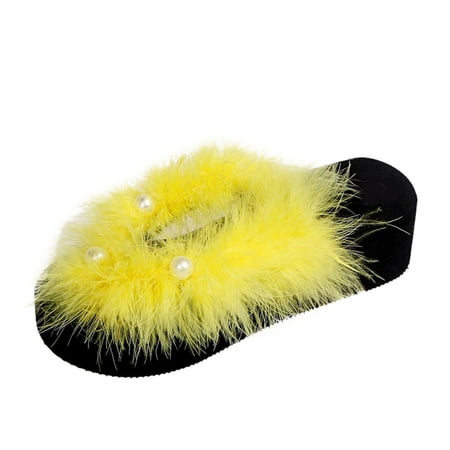 

Women s Fashion Furry Pearls Flip-Flops Slippers Wedge Casual Flip-Flops