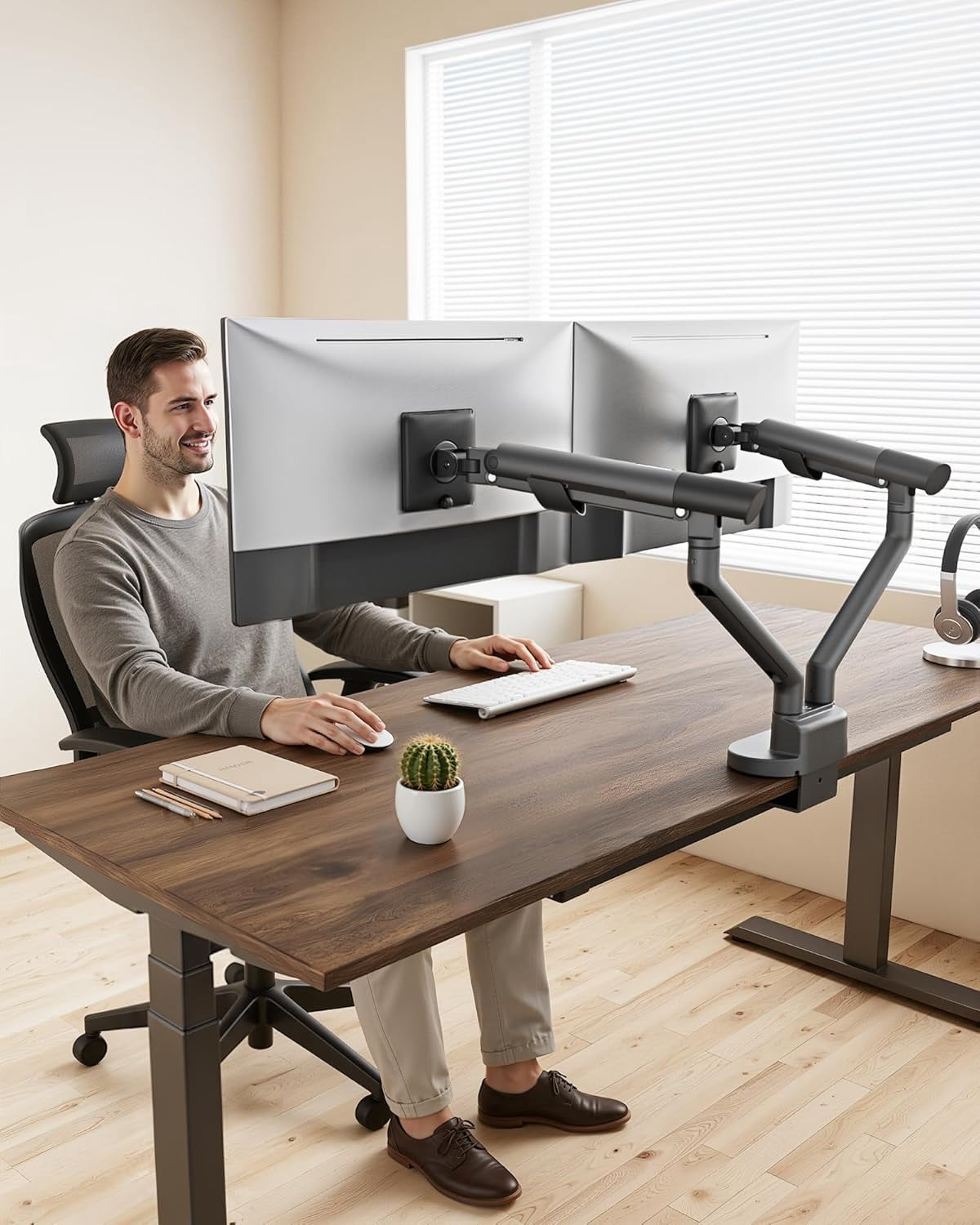 monTEK Dual Monitor Stand with USB-C & USB-A 3.0 Ports, for 2 Screens up to 35 inches – Full Motion Adjustable Monitor Arm, Heavy Duty C-Clamp/Grommet Mount, 24.25lbs per Arm, Gray