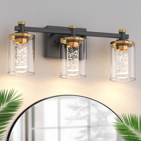 YANSUN 19.7 in Modern 3-Light Black and Gold Crystal LED Vanity Light with Clear Glass Shades, 3CCT Lighting for Bathroom, Powder Room, Vanity Table