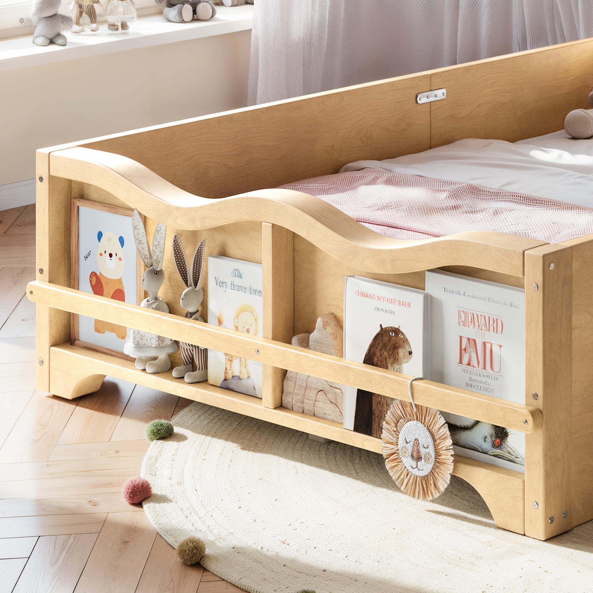 HOQBN Twin Size Kids Platform Bed with Surround Guardrails, Cute Bowknot Shaped Headboard & Built-in Side Bookshelf, Wood Finish Floor Bed Natural