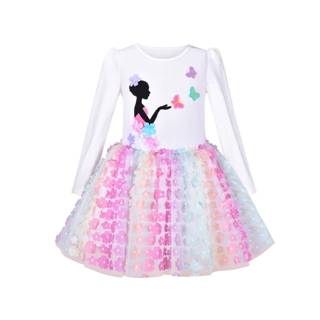 Girls Dress Tutu Skirt Rainbow Butterfly Embroidered Long Sleeve 7 Years