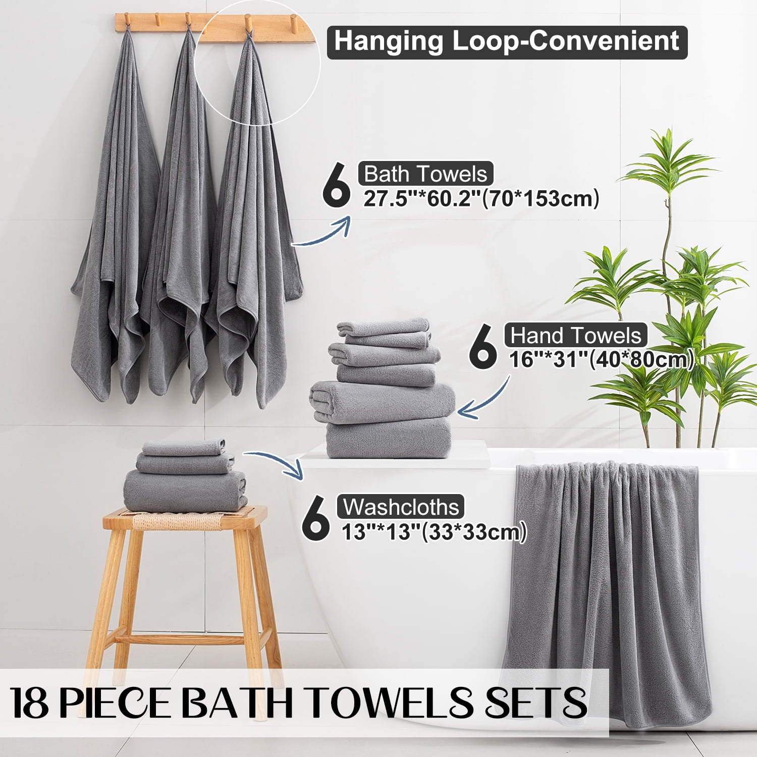 Kebury 18 Piece Family Bath Towels Set - 6 Bath Sheets, 6 Hand Towels & 6 Washcloths - Microfiber Shower Towels with Hanging Loop Absorbent Ultra Soft Towels for Bathroom Spa Gym- Dark Grey