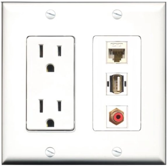 RiteAV - 15 Amp Power Outlet 1 Port RCA Red 1 Port USB A-A 1 Port Shielded Cat6 Ethernet Ethernet Decorative Wall Plate