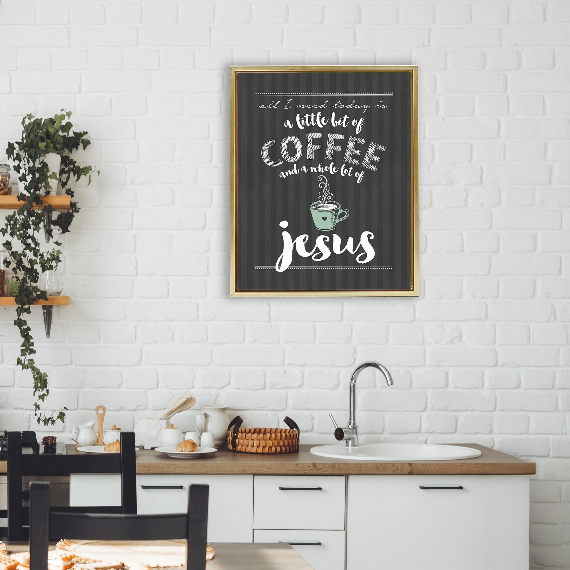 Little Coffee & Whole Lot Of Jesus Gold Framed Floater Canvas Wall Art, design by Lettered and Lined