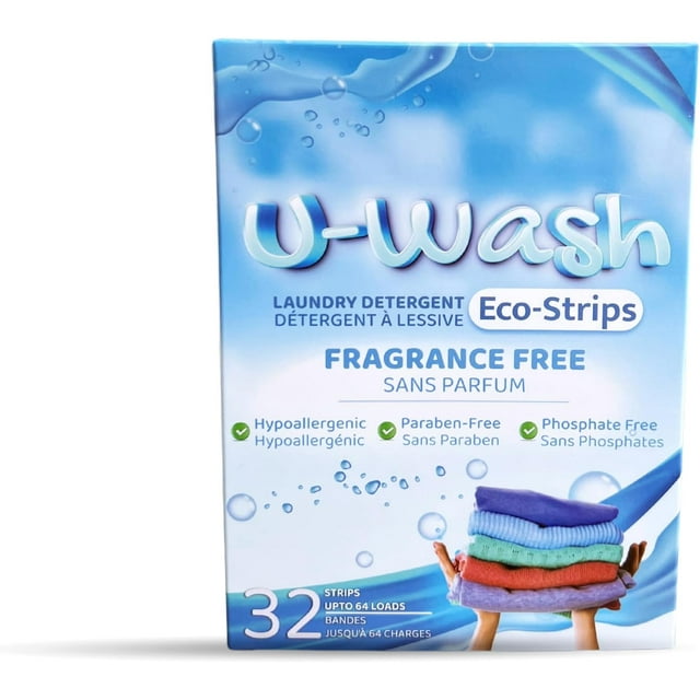 U-Wash Laundry Detergent Strips, Eco-friendly Compact & Dry, Non-Toxic, Hypoallergenic, Biodegradable, Liquidless Laundry Detergent,Travel Laundry Sheets (64 Loads (Pack of 1), Fragrance- Free)