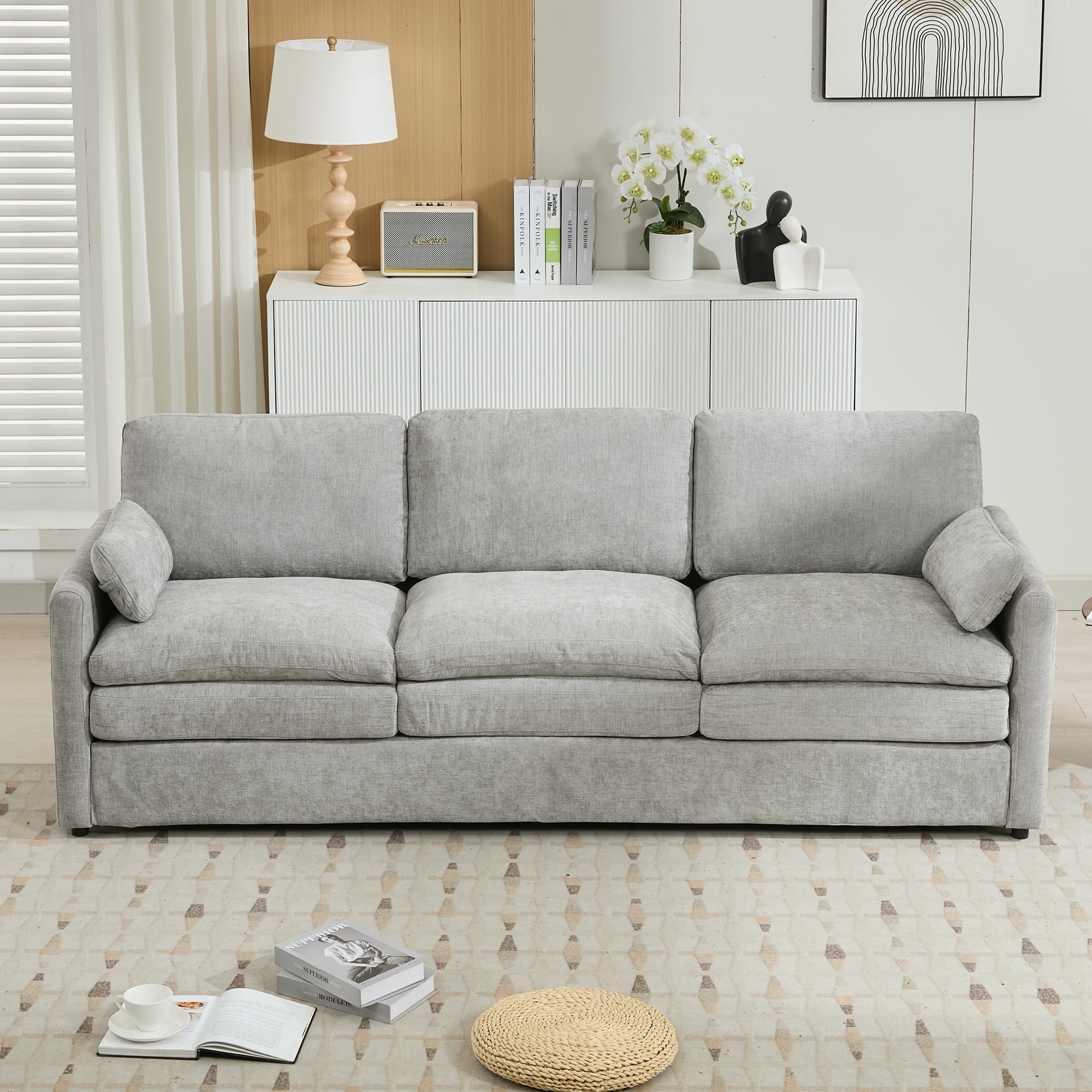 Euroco Modern 3-Seater Chenille Sofa with Double-Layered Cushions, Ergonomic Armrests & Detachable Lumbar Pillows, Upholstered Couch for Living Room or Office