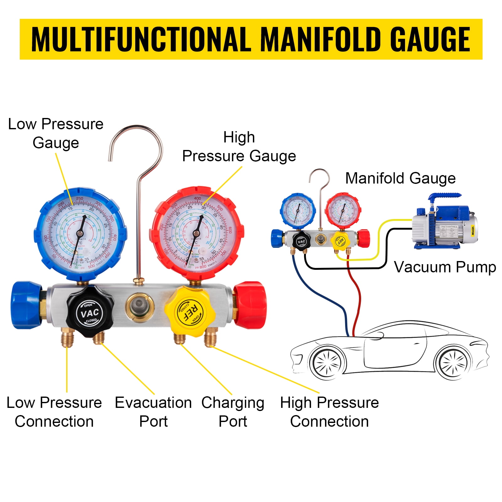 Vevor MCKDZK44.8CFM7CNVV1 4.8 CFM 0.25 HP Single Stage HVAC AC Refrigeration Vacuum Pump Kit with 5PA Ultimate Vacuum Manifold Gauge Set