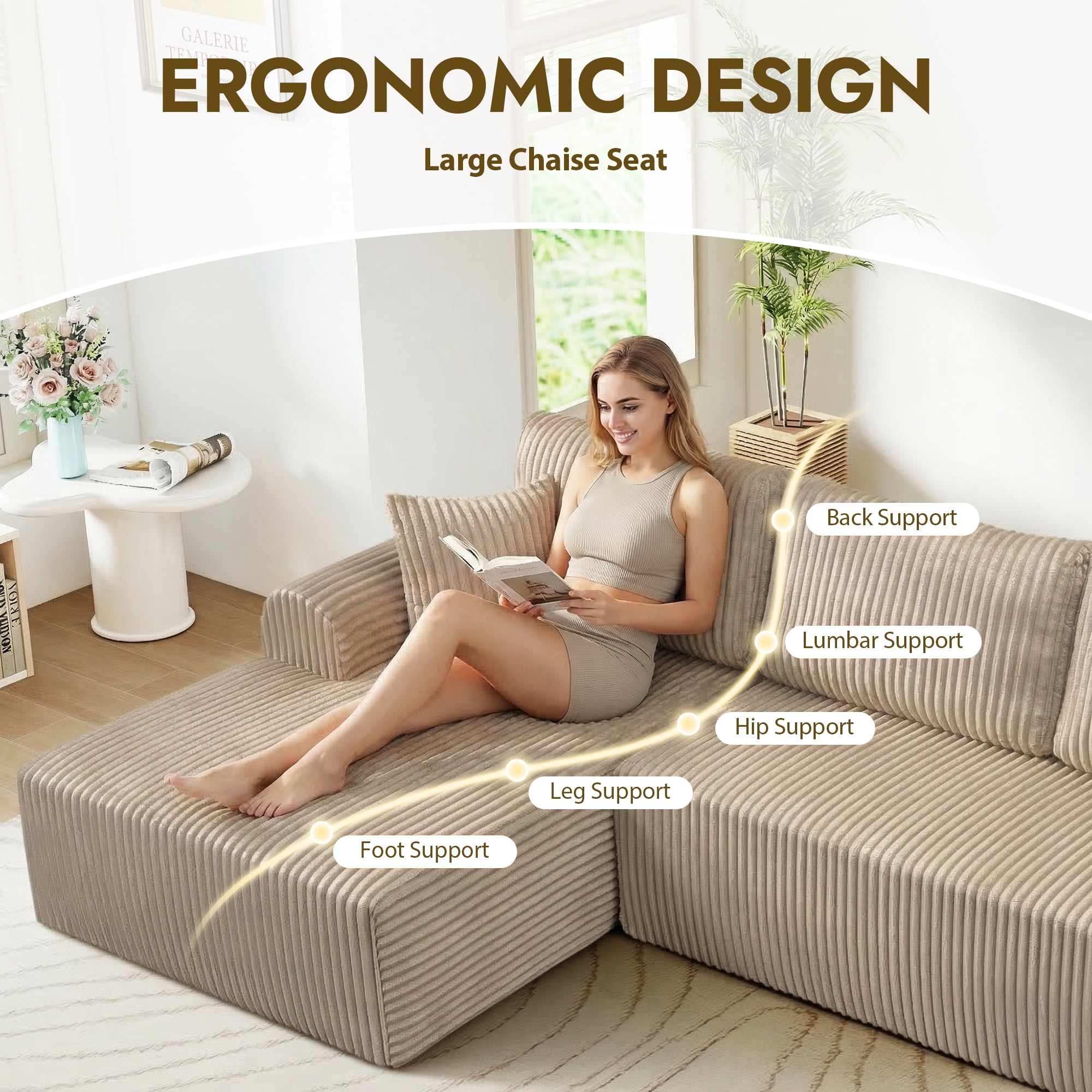 Aukfa 109" Modular Cloud Sectional Sofa with L-Shape Chaise, Corduroy Upholstered Deep Seat Couch, Left Facing Chaise, No Assembly Boneless Sofa for Living Room/Bedroom/Apartment, Camel