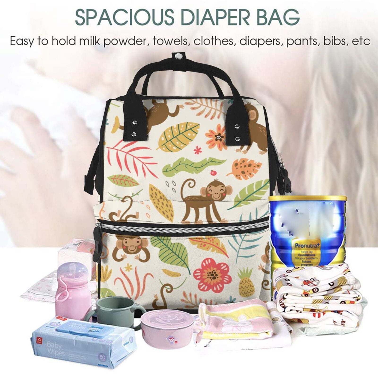 Fuzoiu Monkeys in the Jungle Print Diaper Bag Backpack,Baby Essentials Travel Tote,Multi function Waterproof Diaper Bag, Travel Essentials Baby Bag - Unisex