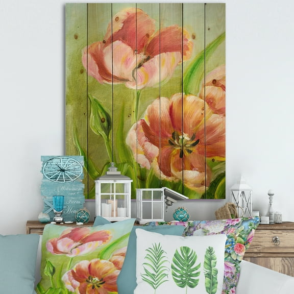 Designart 'Ancient Red Tulips Flowers III' Traditional Print on Natural Pine Wood