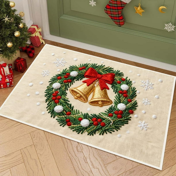 Christmas Holiday Embroidery Style Non-Slip Absorbent Kitchen Floor Mat, Washable Indoor Doormat for Entryway Bathroom Laundry Room Decor