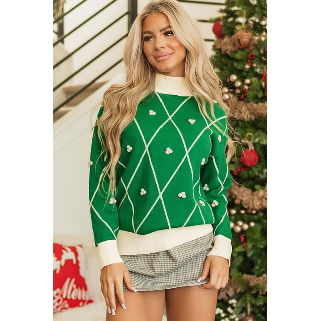 FOLUNSI Elegant Dark Green Sweater w/ Diamond Pom Trim – Festive Style