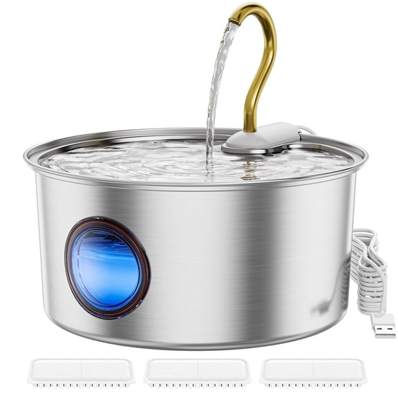 FWMB Cat Water Fountain Stainless Steel, 108oz/3.2L Pet Water Dispenser Featuring Water LED Window and Ultra-Quiet Pump for Cats, Dogs and Multiple Pets