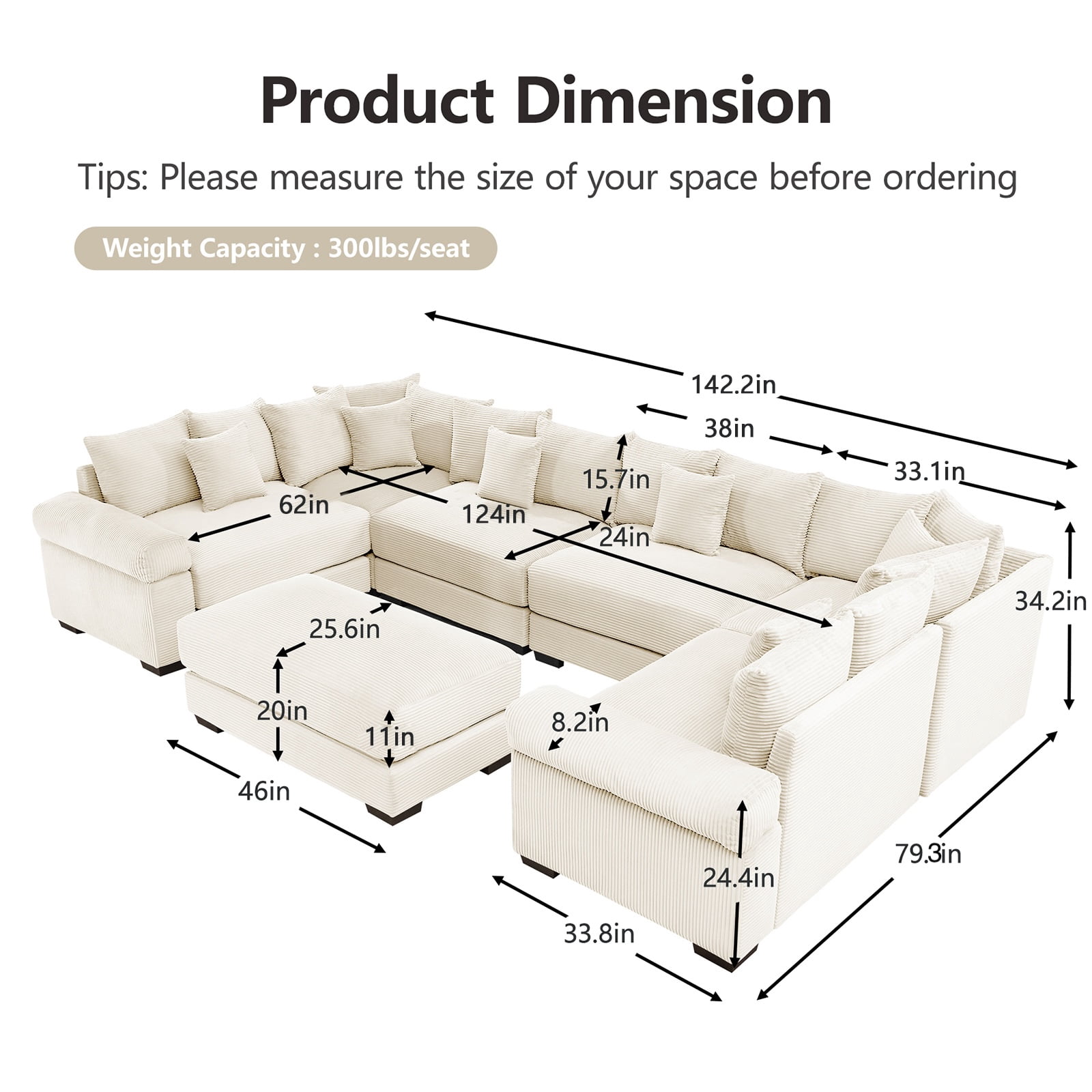 142" Modern Corduroy Sectional Couches for Living Room, Comfortable Corner Couch Sofa, Beige 4 Seater Corner Couch with 1 Ottoman for Flexible Layout, Muebles para la Sala