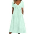 thumbnail image 2 of Meichang Women Casual Dresses V Neck Short Sleeve Eyelet Midi Dresses with Tie Knot on Chest Solid Pleated Dresses Flowy A-Line Dresses with Pockets Mint Green S, 2 of 7