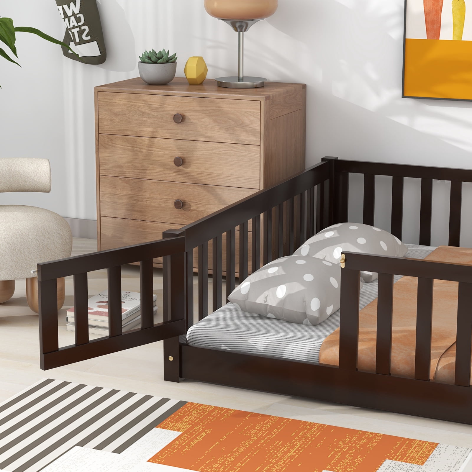 Full Size Floor Bed for Kids, Wood Platform Bed with Fence and Door, Montessori Bed Frame with Slats Support, Playhouse Bed with Door Design, for Toddler, Boys,Girls,No Box Spring Needed,Espresso