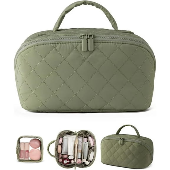 Travel Makeup Bag for Women, 180° Lay-Flat Cosmetic Organizer with 5 Compartments, Waterproof & Machine-Washable Puffy Toiletry Bag for Full-Size Skincare, Brushes & Essentials (Green)