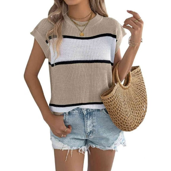 Women'S Summer Casual Loose Knit Sweater Color Block Stripe Round Neck Short Sleeve Vacation Top Khaki S