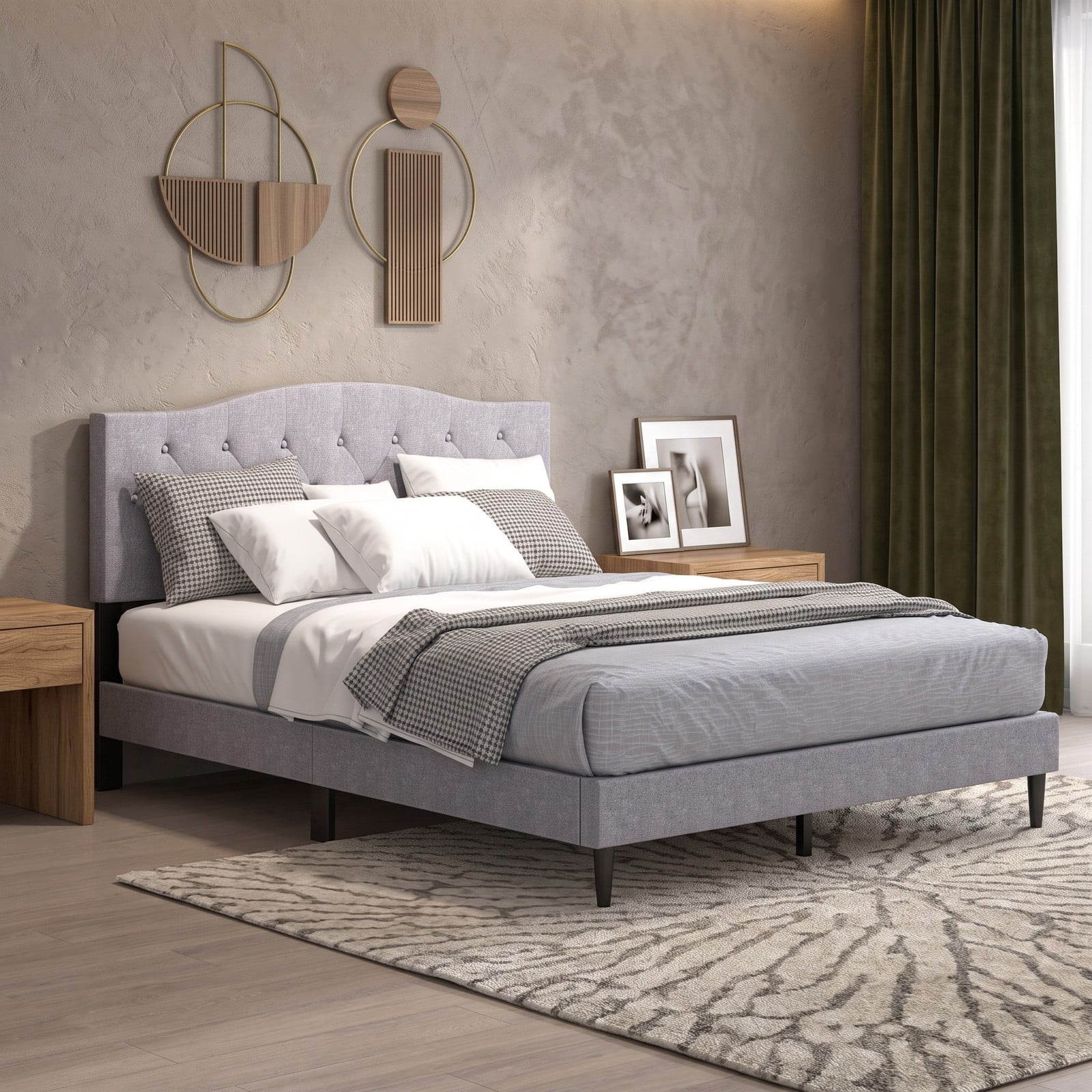 Furnibear Queen Bed Frame Upholstered Platform Bed with Button Tufted Headboard and Wooden Slats for Bedroom and Guest Room, Gray