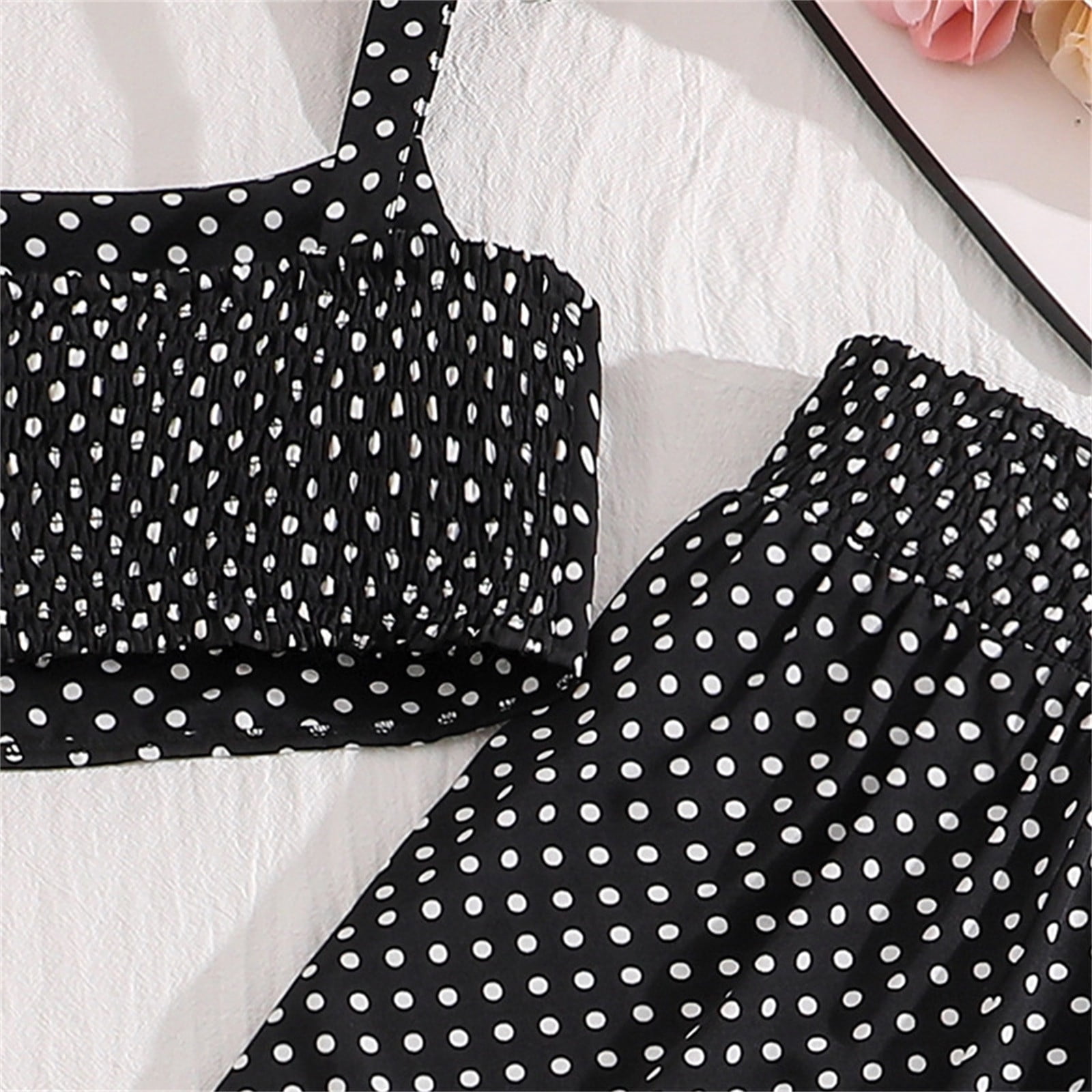 REDARER Girls Summer Outfit Polka Dot Bow Knot Sleeveless Tank Top High Waist Wide Leg Pants Set,7-8 Years