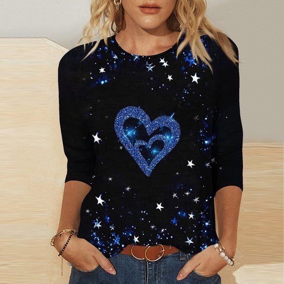 Mceream Valentines Shirts for Women 3/4 Sleeve Cute Funny Love Heart Print Tee Tunic Tops Casual Crew Neck Spring Day T-Shirts Blouses Blusa De San Valentin Para Mujer Black L