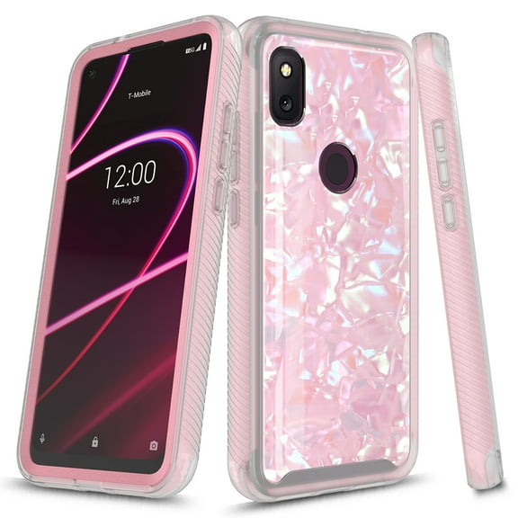 T-Mobile REVVL 4 Case, Rosebono Graphic Design Shockproof Impact Resistant Protective Full-Body Rugged Clear Hybrid Bumper Case for T-Mobile REVVL 4 (Pink Shell)