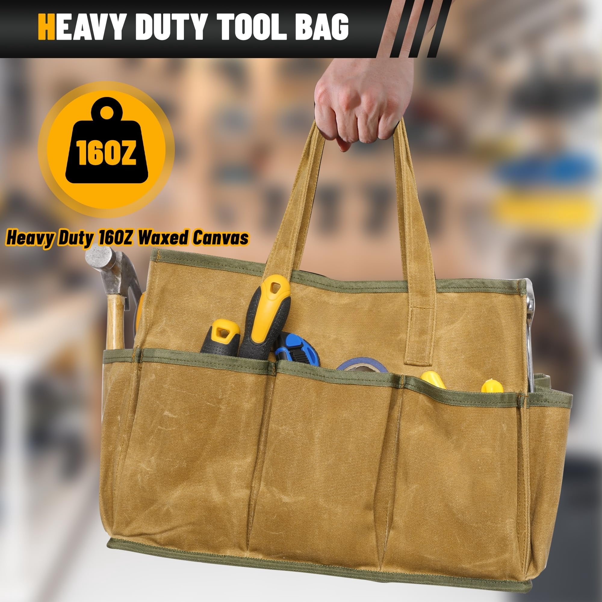 Lohol 16OZ Waxed Canvas Tool Tote Bag for Garden Tools Wrench Set & Screwdrivers | 11-Pocket Garden Tool Bag with Portable Handles, Multi-Purpose Tool Storage Organizer (14"L x 5.5"W x 10.5"H) – Grey