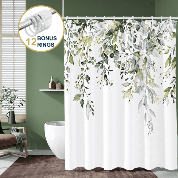 ComfiTime Rideau de Douche Vert avec Crochets – Rideau de Salle de Bain en Tissu à Ourlet Lesté Résistant à la Moisissure/mildiou, Hydrofuge, Lavable à la Machine, Résistant à la Décoloration, Motif de Vignes Suspendues, 72 x 72