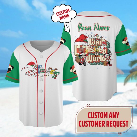 Custom Mickey and Friends Baseball Team, Minnie Mouse Xmas Party Shirt, Mickey Mouse Christmas Baseball Jersey