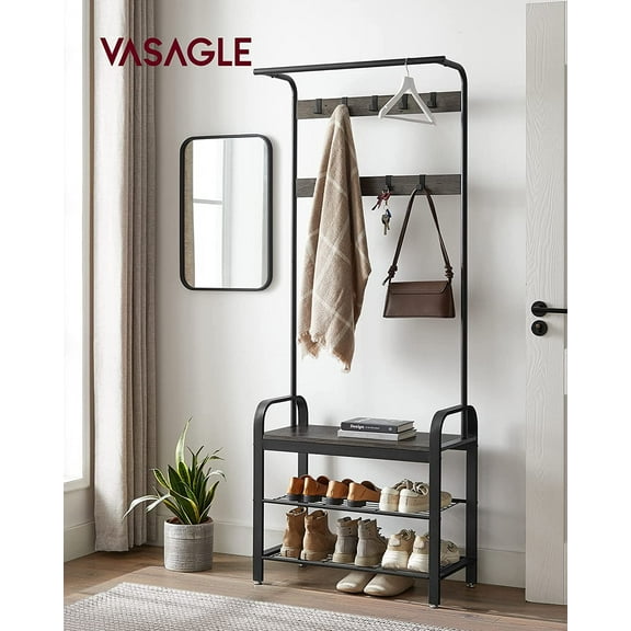 VASAGLE Coat Rack Hall Tree with Shoe Bench for Entryway Entryway Bench with Coat Rack Charcoal Gray and Black
