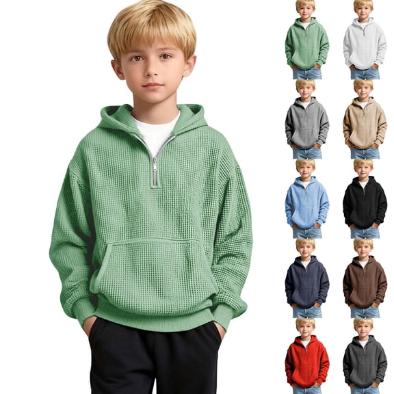 Frostluinai Boys' Hoodies Pullover Quarter Zip Casaul Long Sleeve Waffle Knit Hooded Sweatshirt Solid Hoodie with Pockets 4-14 Years