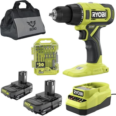 Cordless 1/2 inch Power Drill Driver Bundle with Drill, (2) 18-Volt Batteries, Charger, 20 Piece Multipurpose Drill Bit Set and Buho Tool Bag