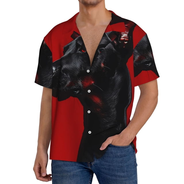 Balery Black Dog Red Background Camisa Casual de Manga Corta con Botones para Hombre, Texturizada, Estilo Cubano, para Playa, Verano-Small
