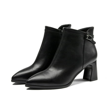 

Women‘s Solid Color Ankle Boots Pointed Toe Side Zipper Chunky Heeled Short Boots Women‘s Solid Color Block Heeled Shoes