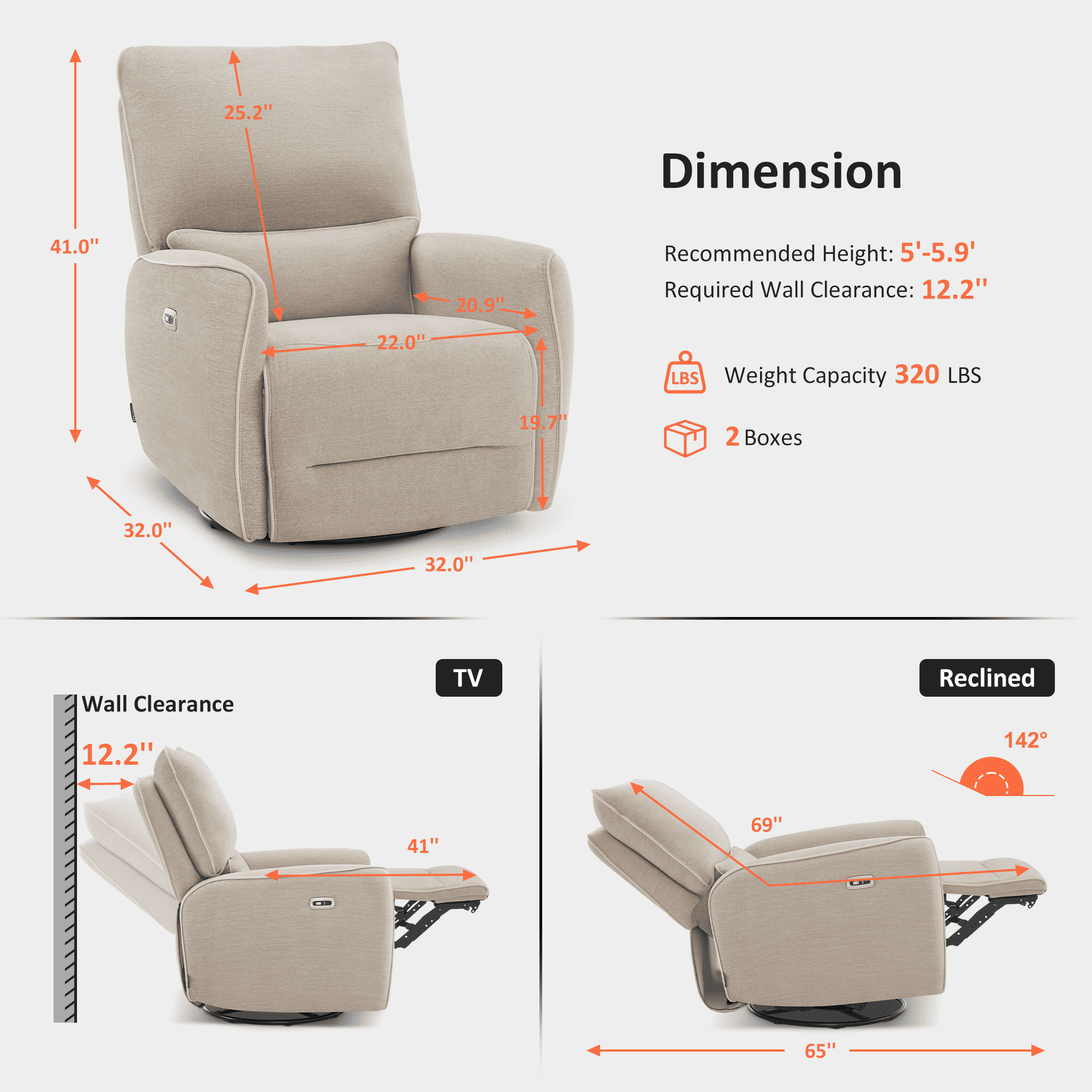 MCombo Power Swivel Glider Recliner Chair, Electric Rocker Recliner Chairs with USB Charging Ports for Living Room and Nursery, Fabric 6922 (Beige)