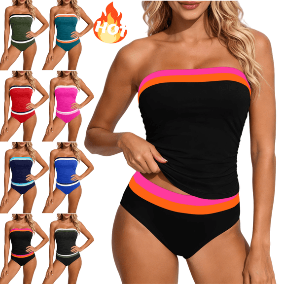 Mifsaly Two Piece Tankini Set Women Detachable Straps Strapless Top With Built In Bra Striped Trim Athletic Swimsuits Pool Beach Party Flattering Bathing Suit M