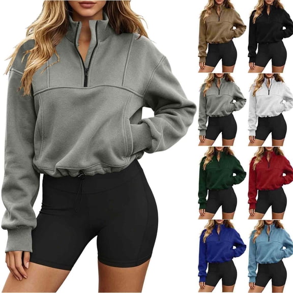 DYTTDG Women's Crew Neck Sweatshirt, Long Sleeve Loose Fit Solid Casual Pullover with Side Pockets for Fall & Winter